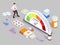 Isometric antidepressant drugs. Man turning mood meter arrow back, vector illustration. Stress, depression treatment.