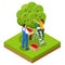 Isometric apple orchard, ripe fruits hanging on branch. Assembling the harvest of apples. Orange products. Organic Fresh