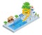 Isometric Aqua Park with water slides, water pool, people or visitors and palms. Vector illustration isolated on white