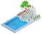 Isometric Aqua Park with water slides, water pool, people or visitors and palms. Vector illustration isolated on white