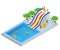 Isometric Aqua Park with water slides, water pool, people or visitors and palms. Vector illustration isolated on white