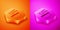 Isometric Asian noodles in bowl and chopsticks icon isolated on orange and pink background. Street fast food. Korean
