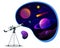Isometric astronomical observatory dome. Astronomical telescope tube and cosmos. Astronomer looking through telescope on