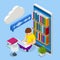 Isometric Audiobooks concept. Listening to e-books in audio format. Books online. Online training banner, Ebook and
