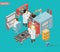 Isometric automated production line concept with people robotic arms and industrial automatic manufacturing process