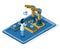 Isometric automated robotic arm engineering management. Automated robotic assembly line, engineer control mechanical