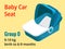 Isometric baby car seat group 0 vector illustration. Road Safety Type of child restraint rearward-facing baby seat