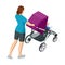 Isometric baby carriage isolated on a white background. Kids transport. Strollers for baby boys or baby girls. Woman