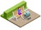 Isometric Baby carriage isolated on a white background. Kids transport. Strollers for baby boys or baby girls. Woman