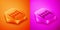 Isometric Baby crib cradle bed icon isolated on orange and pink background. Hexagon button. Vector