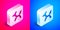 Isometric Balloon dog icon isolated on pink and blue background. Silver square button. Vector