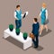 Isometric bank managers meet the client, the entrepreneur came for a loan to the bank. Loan in a bank to open a business