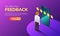 Isometric banner businessman with phone and five star feedback