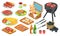Isometric barbecue food, bbq grill meat, vector illustration set, grilled beef, fish steak on picnic party, 3d icons