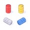 Isometric barrels red yellow gray and blue. Flat cargo goods fuel benzin petrol gas and combustible vector illustration