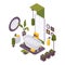 Isometric bathroom with a bathtub, plumbing fixtures and bathroom accessories for home, hotel, villa