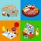 Isometric BBQ Picnic Food. Summer Holiday Camp. Grilled Meat, Wine and Vegetables