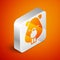 Isometric Beaver animal icon isolated on orange background. Silver square button. Vector