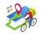 Isometric bicycle courier, Express delivery service. Courier on bicycle with parcel box on the back delivering food In