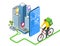 Isometric bicycle courier, Express delivery service. Courier on bicycle with parcel box on the back delivering food In
