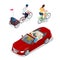 Isometric Bicycle with Kids Bike Trailer. Cabriolet car. Transport for summer travel.