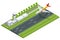Isometric big passenger airplane is landing to runway of airport. An airliner, aircraft for transporting passengers and