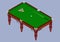 Isometric billiard table.Green table with balls and cue stick