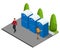 Isometric Bio mobile toilets in the city. Blue bio WC in the city. Hiking services. Flat color style illustration icon