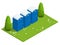 Isometric Bio mobile toilets on grass. Blue bio toilet in park. Hiking services. Flat color style illustration icon Bio