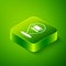 Isometric Blacksmith anvil tool icon isolated on green background. Metal forging. Forge tool. Green square button