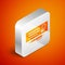 Isometric Blank template of the bank check and pen icon isolated on orange background. Checkbook cheque page with empty