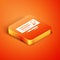 Isometric Blank template of the bank check and pen icon isolated on orange background. Checkbook cheque page with empty