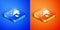 Isometric Bloody money icon isolated on blue and orange background. Square button. Vector
