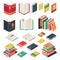 Isometric book collection. Opened and closed books set for school library publishing dictionary textbook magazine vector