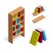 Isometric bookcase and bookshelf with books illustration