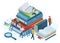 Isometric books concept. Reading people on huge 3d pile of books, male and female characters read books vector