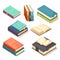 Isometric books different angles reading study education. Books stacked open hardcover educational