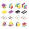 Isometric books. School textbook, book with bookmark and notebook with pen. Stack of textbooks on library bookshelf