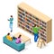 Isometric Bookshelves in the Library. Books in public library. Learning and education concept. People studying together