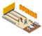 Isometric Bowling Center Interior with Game Equipment. Vector Bowling Alley for Game and Party.