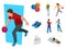 Isometric Bowling realistic icons set with game equipment, cafe tables, shelves for shoes, skittles, and balls isolated