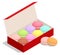 Isometric box with colourful macaroons. Dessert. French macaroon cake.