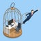 Isometric break free, and life change concept. Businessman in birdcage kicking his way to freedom.