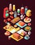 isometric Breakfast food and drinks background. Breakfast and kitchen equipment Cooking icons set. good morning concept, AI