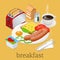 Isometric Breakfast and kitchen equipment icons set. English breakfast with fried eggs, bacon, sausages, beans, toasts