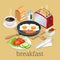 Isometric Breakfast and kitchen equipment icons set. English breakfast with fried eggs, bacon, sausages, beans, toasts