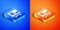 Isometric Breaking news icon isolated on blue and orange background. News on television. News anchor broadcasting. Mass