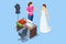Isometric bride wearing her wedding gown with female dress designer. Tailor helps the bride with her wedding dress