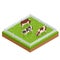Isometric brown and white cows in a grassy field on a bright and sunny day. Dairy cattle set. Cows collection.