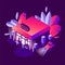 Isometric building with greenery, night sxene in bright gradient colors with boutique storefront. Vector concept illustration good